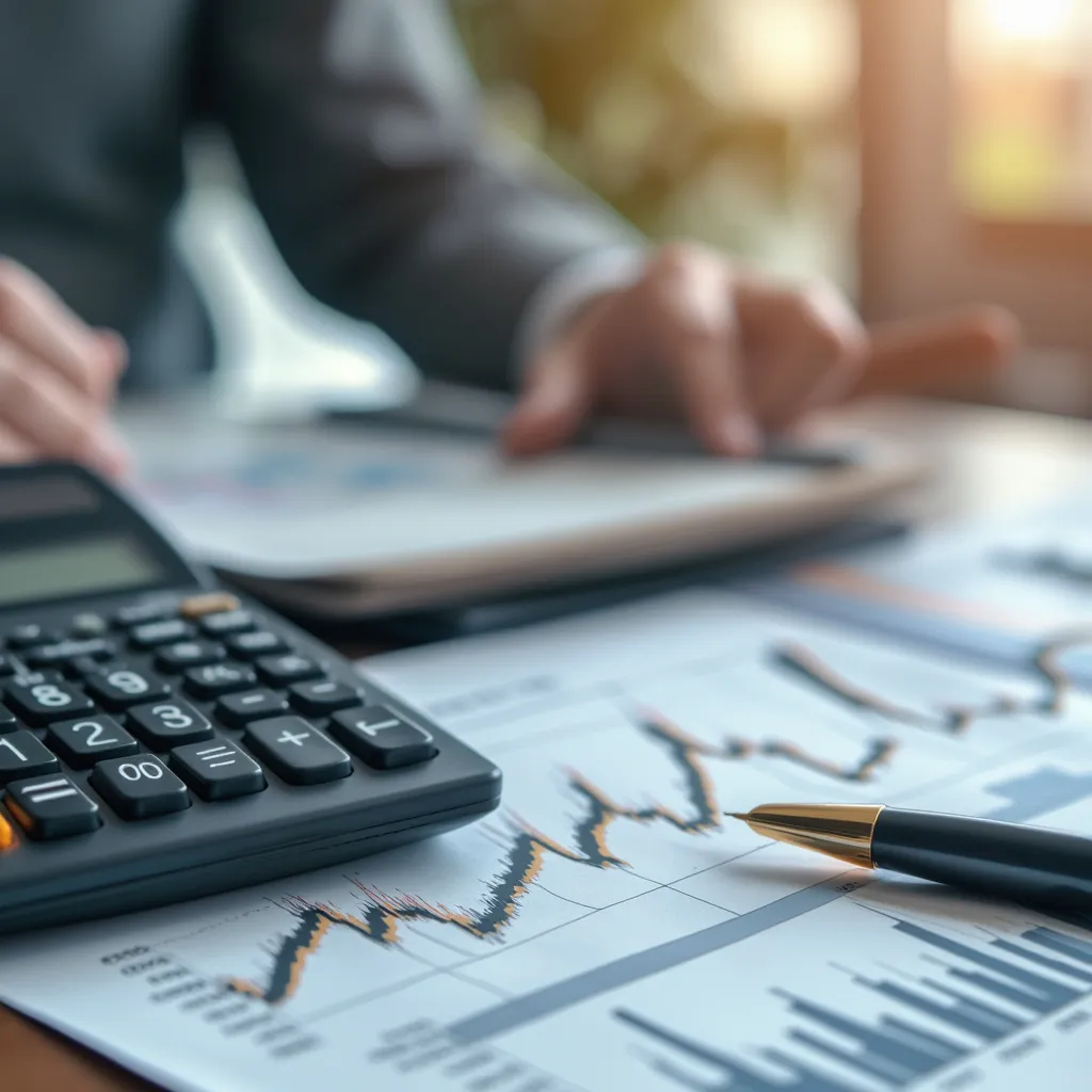 Calculadora y gráficos financieros sobre un escritorio